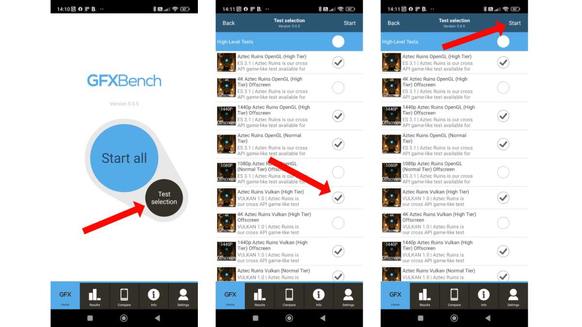 Android'de GFXBench için testleri seçme